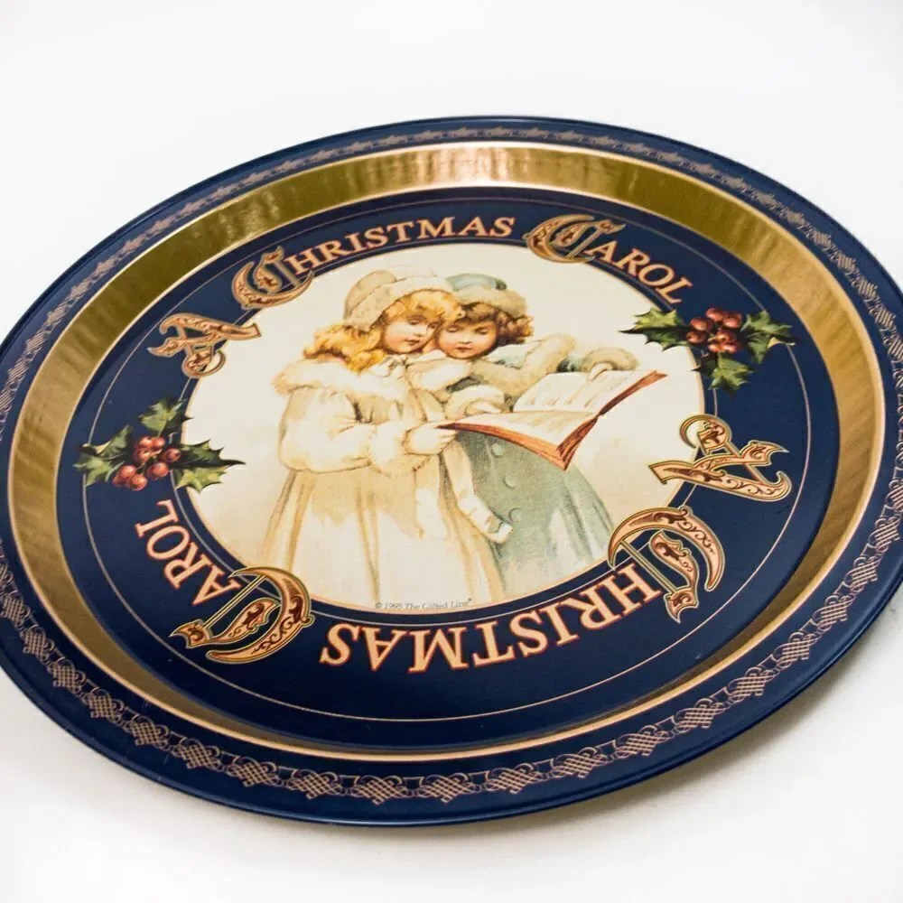 Vintage 1995 A Christmas Carol Round Aluminum Serving Tray Victorian Girls